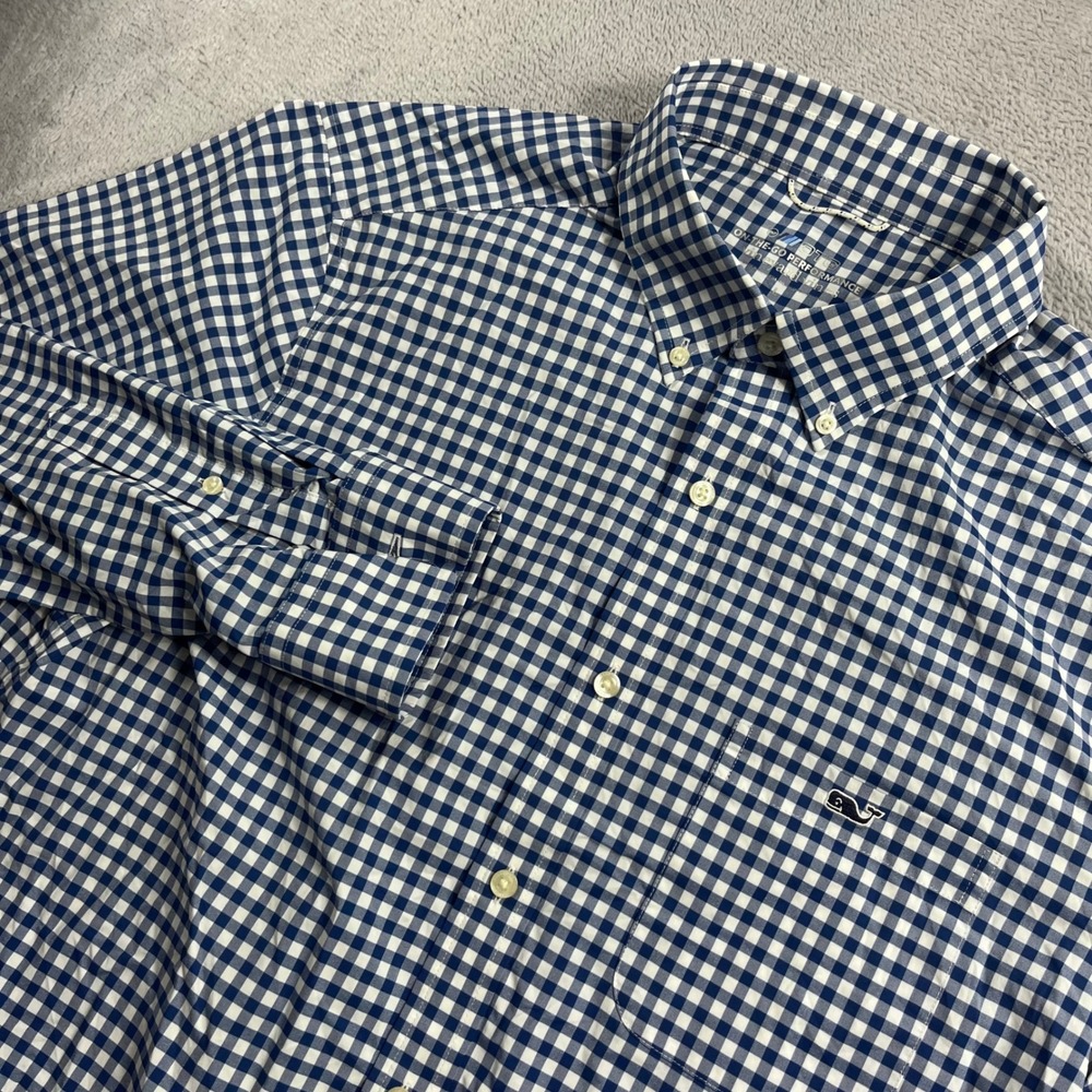 Vineyard Vines Mens Large Blue Gingham On-The-Go Performance Button Down Shirt